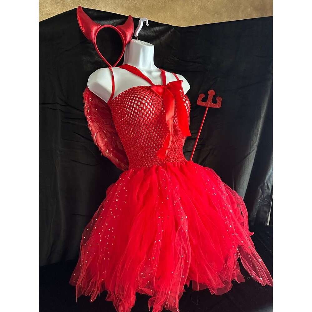 Girls Red Devil 4 piece COSTUME, costume, horn headband, wings, devil fork,